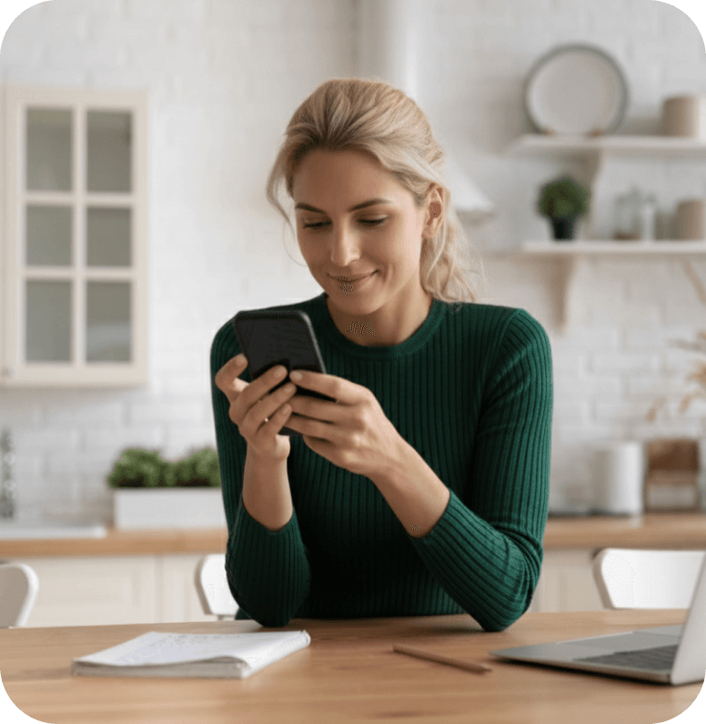 Photo showing a woman using her phone to begin the simple process of measuring PD on the Dresden Vision site.