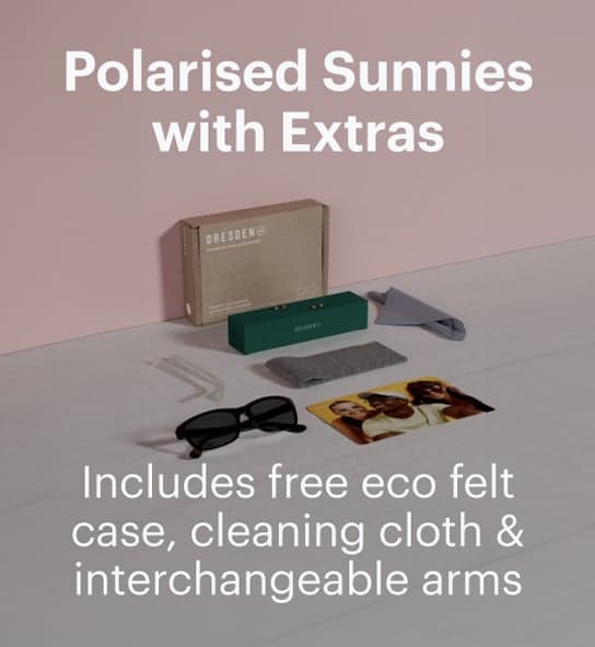 Dresden Vision sunglasses bundle with accessories including eco felt case, cleaning cloth and interchangeable arms