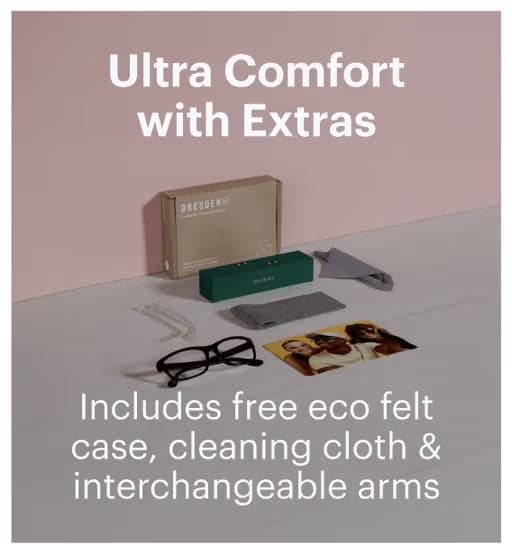 Dresden Vision Australia glasses bundle including felt case, cleaning cloth and interchangeable arms