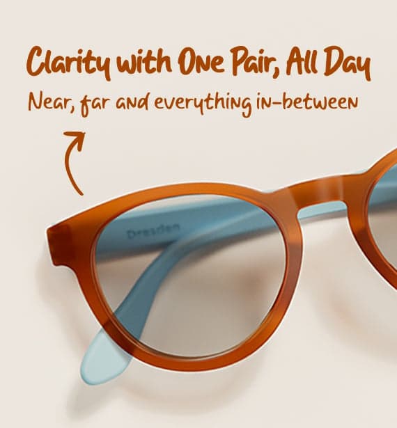 Dresden Vision Australia multifocal glasses frame close-up showing clear vision for near, far and intermediate distances